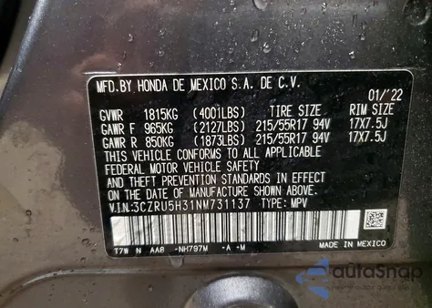 2022 Honda Hr-V Lx z USA, uszkodzony, nr VIN 3CZRU5H31NM731137